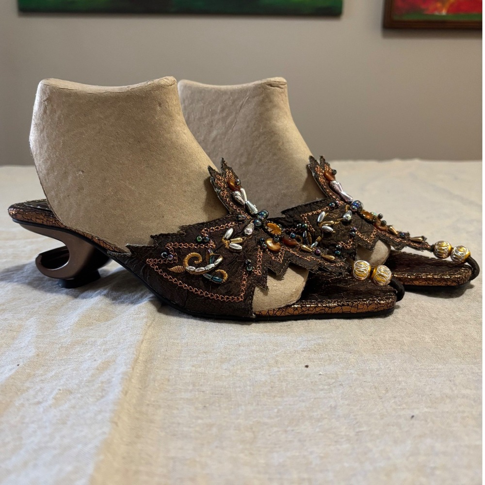 Wild Rose Beaded Y2K Kitten Heel Mule Sandals 8 Pointed Slides Boho Statement